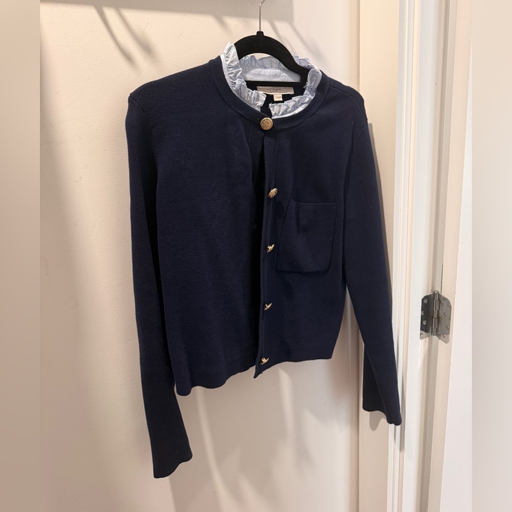 Loft Navy Cardigan w/ Ruffle and Gold Buttons - M